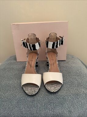 Chinese Laundry White and Black Patterned Ankle-Strap Block Heels
